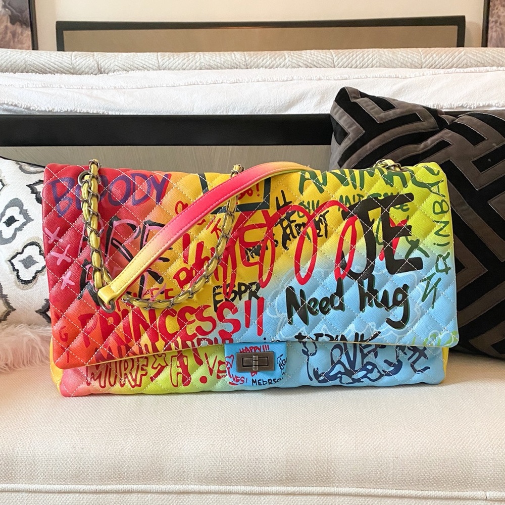 XL Jumbo Graffiti Print Quilted PU Leather Bag